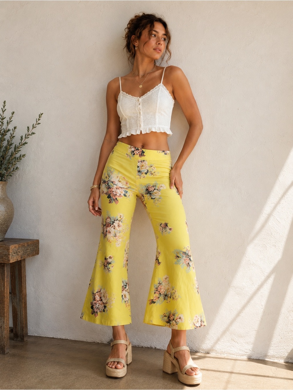 Anthropologie Feather Bone Yellow Floral Flare Pants Linen Blend Y2K Boho Size 2